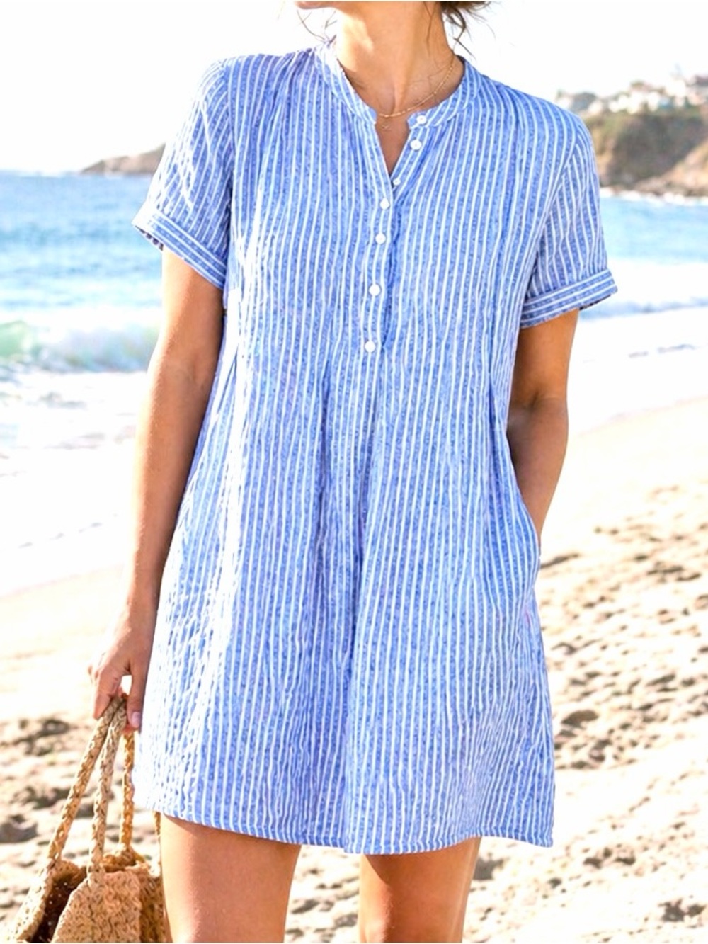 Faherty Blue & White Striped Short-Sleeve Mini Tunic Dress - Picture 10 of 10